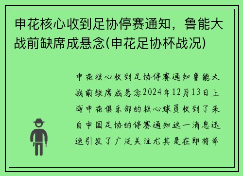 申花核心收到足协停赛通知，鲁能大战前缺席成悬念(申花足协杯战况)