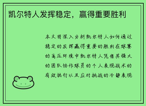 凯尔特人发挥稳定，赢得重要胜利