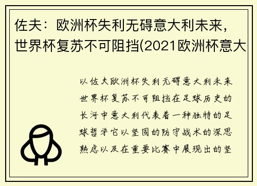 佐夫：欧洲杯失利无碍意大利未来，世界杯复苏不可阻挡(2021欧洲杯意大利独赢)