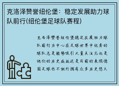 克洛泽赞誉纽伦堡：稳定发展助力球队前行(纽伦堡足球队赛程)