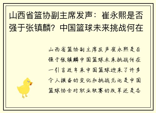 山西省篮协副主席发声：崔永熙是否强于张镇麟？中国篮球未来挑战何在