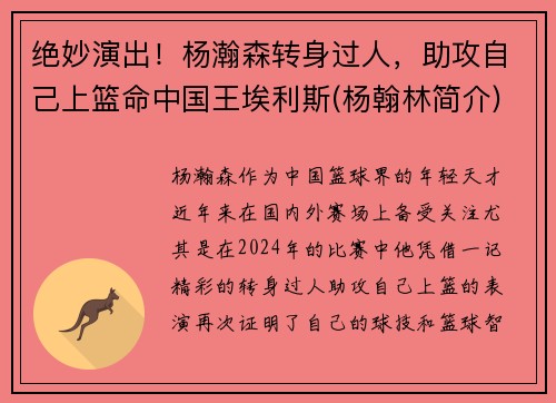 绝妙演出！杨瀚森转身过人，助攻自己上篮命中国王埃利斯(杨翰林简介)