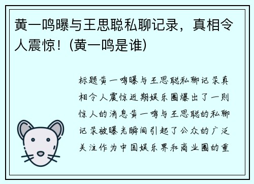 黄一鸣曝与王思聪私聊记录，真相令人震惊！(黄一鸣是谁)